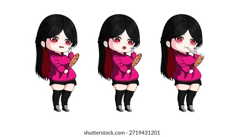 Kawaii Vetor Ilustração de Chibi bonito menina comendo queijo Mozzarella Corndog em várias posas