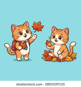 Kawaii vector illustration of cute ginger cats playing with autumn leaves and school gear.