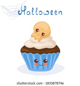 Kawaii vector illustration of cute Halloween Cupcake with Candy Skull isolated on white background. Comic adorable smiling cartoon food character with hand drawn lettering. All Saints Day card, print.