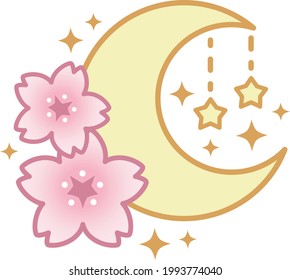 Kawaii Vector Illustration Of Cute Moon With Sakura And Stars