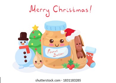 Kawaii vector illustration with cute Peanut Butter, Nuts, Xmas tree, Santa hat, snowman & gift. Cute funny & happy food characters. Happy New Year and  Merry Christmas elements with lettering.