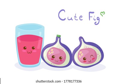 Kawaii vector illustration of Figs & Juice in Glass isolated on white background. Funny & happy characters with lettering - Cute Fig. Cartoon style smiling food mascot for autumn kids menu decoration.
