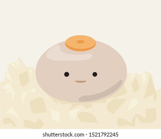 Kawaii vector illustration of gefilte fish with carrot over it, in a sauce of fish.