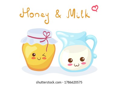 Kawaii vector illustration and Honey Jar & Milk Jug characters isolated white background  Funny  happy & smiling food cartoon elements and hand drawn lettering  Cute doodle mascot for spa salon 