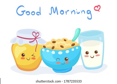 Kawaii vector illustration with Honey Jar, Porridge (Muesli) Bowl & Milk Glass characters isolated on white background. Funny, happy & smiling food cartoon elements with lettering. Cute doodle mascot.