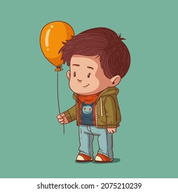 Kawaii vector illustration of a kid with a balloon. Enthusiastic little boy dressed in t-shirt, hoody and jeans holding yellow balloon. Cute child character. Square wall art, poster, holiday banner