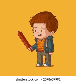 Kawaii vector illustration of little boy inspired by his new toy. Cute enthusiastic boy wearing a t-shirt, knit vest, hoody and trendy jeans admiring a toy sword. Nice child character, hipster kid