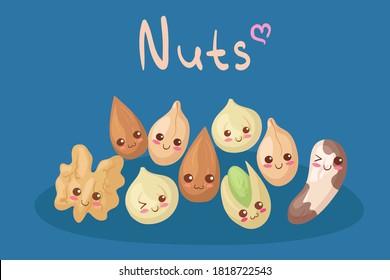 Kawaii vector illustration with mixed nuts. Cute funny & happy healthy food characters. Protein rich snack concept. Kids menu design. Smiling almond, peanut, walnut, brazil nut, pistachio, macadamia.