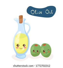 Kawaii vector illustration of Olive Oil bottle with two olives isolated on white background. Cute funny & happy characters. Cartoon style smiling food mascot for children menu decoration.