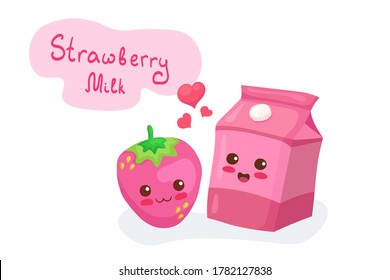 Kawaii vector illustration of Pink Strawberry Milk Packcage isolated on white background. Cute funny & happy food characters. Cartoon smiling dairy product for kids menu. Breakfast with fruits design.