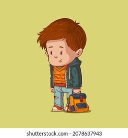 Kawaii vector illustration of a schoolboy tired after boring lessons. Cute little boy wearing trendy clothes draging a schoolbag on his way home. Child character, hipster kid