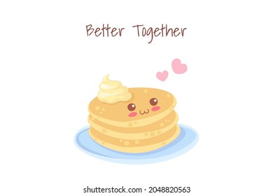 Ilustración vectorial de Kawaii con personajes sonrientes de Pancakes con crema batida. Comida divertida y adorable, aislada de fondo blanco. Menú infantil, impresión de tela, tarjeta. Dibujo vectorial de caricatura para el Día del Panqueque.