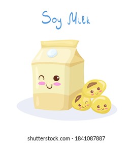 Kawaii vector illustration of Soy Milk Beverage Package with whole-harvested Soy Beans. Healthy menu concept. Adorable happy smiling food characters for card, t-shirt print, food hall decoration.