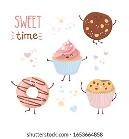 Kawaii Vektorillustration Illustration Süße Zeit. Sorgt von süßen Backwaren mit doodle Herzen, Sternen und Punkten. Süße Donut, Kekse, Muffin und Cupcakes einzeln auf Weiß. Schöne Karte, Plakatdesign für Bäckerei.