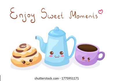 Kawaii vector illustration of Tea Pot, Cup & Cinnamon roll isolated on white background. Cute funny & happy character with lettering. Cartoon style smiling food mascot for kids summermenu decoration.