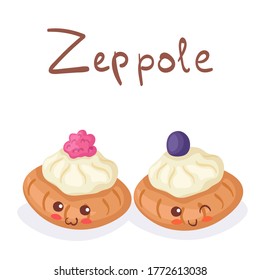 Kawaii vector illustration of Zeppole (traditional Italian doughnuts) dessert isolated on white background. Cute funny & happy character. Cartoon style smiling food mascot for kids menu decoration.