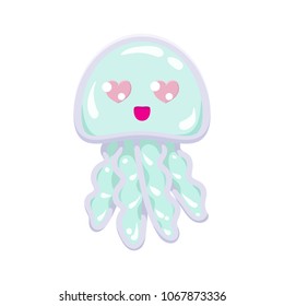 Kawaii vector mint green jellyfish, japanese and korean cute chibi style animal emoji with curly tentacles, heart eyes and in love, isolated on white.