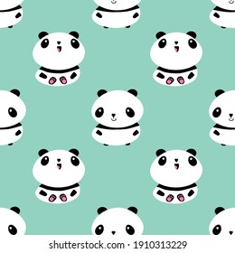 Kawaii vector panda seamless pattern background. Cute black and white sitting cartoon bears on pastel teal backdrop. Hand drawn illustration. Geometric animal character repeat. All over print for kids