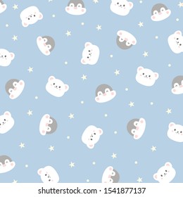 Kawaii vector pattern of animal heads.  Pattern elements are located in different directions on a blue background. Arctic animals. Cute penguin and polar bear for baby print.