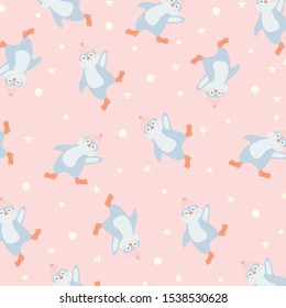 Kawaii vector pattern of penguin. Сute penguin in a hat is dancing. Pattern elements are located in different directions on a pink background. Arctic animals.