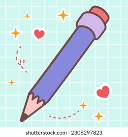 Kawaii vector of pencil school stationery. Isolated hand drawn cute cartoon character illustration logo icon. Cute Japan anime, manga style concept design