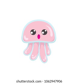 Kawaii vector pink jellyfish, japanese and korean cute style animal emoji with amazed big eyes, isolated on white