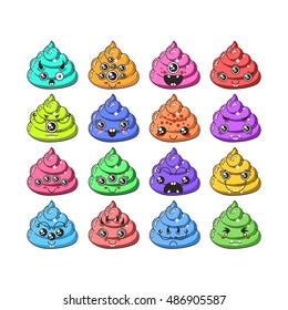 Kawaii vector poop emoticons set. Turd emoji, icons for chat, mobile applications and other business.