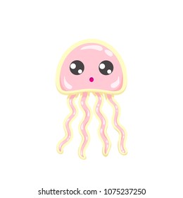 Kawaii vector rose pink jellyfish, japanese and korean cute style animal emoji, tiny small medusae with big eyes and curled tentacles, isolated on white