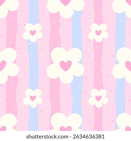 Kawaii vector seamless botanical pattern with succulent, heart, hand-drawn flower in pot. Abstract Scandinavian motifs combined with grid textures for childrens clothing and decorative surfaces