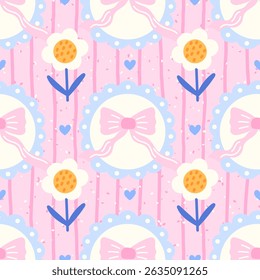 Kawaii vector seamless botanical pattern with succulent, heart, hand-drawn flower in pot. Abstract Scandinavian motifs combined with grid textures for childrens clothing and decorative surfaces
