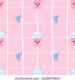 Kawaii Vector seamless pattern with cocktails, mocktails, tropical cocktail and refreshing drinks. Ideal for wallpapers, fabric prints, and kitchen decor