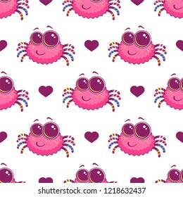 Kawaii vector seamless pattern. Cute pink, rose smiling spider with colored legs and big eyes. Kids cartoon design, for kids room, textile, children’s design. Background, fabric ornament, paper print 