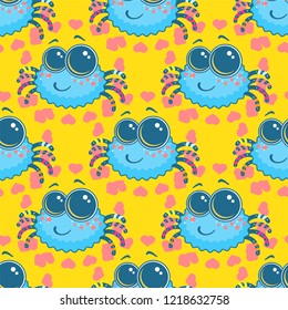 Kawaii vector seamless pattern. Cute blue smiling spider with colored legs and big eyes on background with hearts. Cartoon print for kids room, textile, children’s design. Background, fabric ornament,