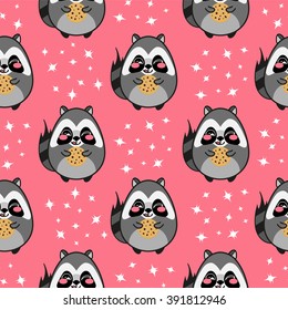 Kawaii vector seamless pattern. Cute American raccoon with cookie on sparkle stars background. Flat cartoon style