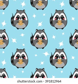 Kawaii vector seamless pattern. Cute American raccoon with cookie on sparkle stars background. Flat cartoon style