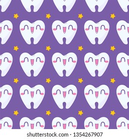 Kawaii vector seamless pattern. Funny teeth with happy muzzles on colored background. Carton anime teeth and stars design. Perfect for dental clinic or kids, baby room