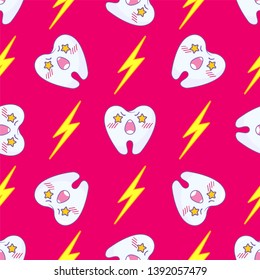 Kawaii vector seamless pattern. Funny teeth with grumpy, furious muzzles on colored background. Carton anime teeth and thunderbolt design. Perfect for dental clinic or kids, baby room