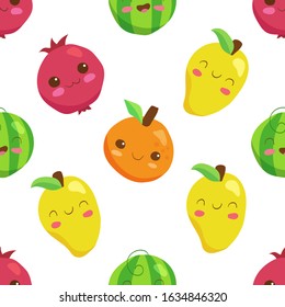 Kawaii vector seamless pattern with funny fruit characters isolated on white background. Funny smiling healthy food emoji. Sketch illustrations for wrapping paper, juice, smoothie, jam, textile.