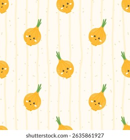 Patrón sin fisuras de Vector Kawaii de cebollas sonrientes con flores. Ideal para textiles para niños, temas agrícolas, marca de estilo de vida saludable y empaques ecológicos