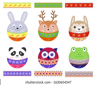 Kawaii vector set isolated. Cute animals, round faces: hare, deer, lama, panda, owl, frog. Balls and seamless patterns to decorate cards, banners, invitations, covers, stationary. Nice cartoon style