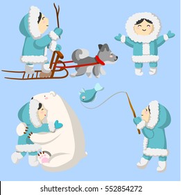 kawaii vector set Nordic characters. smiling Eskimo. Greenland, Siberian or Alaskan Native. A native of the Far North. Girl hugging a polar bear. Northerner rides on a dog sled. Eskimo fishing.