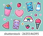 Kawaii vector sticker set with gummy bears, sweets, fruits, milk, and hearts on a pastel background. The image uses the trendy kawaii style—cute, bright, glossy, and outlined elements.