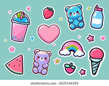 Kawaii vector sticker set with gummy bears, sweets, fruits, milk, and hearts on a pastel background. The image uses the trendy kawaii style—cute, bright, glossy, and outlined elements.