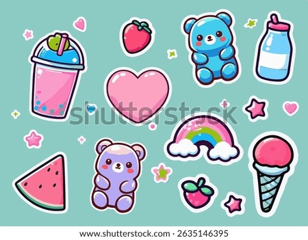 Kawaii vector sticker set with gummy bears, sweets, fruits, milk, and hearts on a pastel background. The image uses the trendy kawaii style—cute, bright, glossy, and outlined elements.
