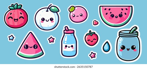Kawaii vector sticker set of smiling fruits, milk, juice, and stars with cute faces on a blue background. The illustration uses the trendy kawaii style—bright, playful, outlined, and shiny.
