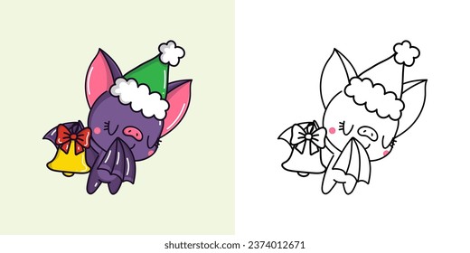 Kawaii Vector Xmas Bat Multicolored and Black and White. Beautiful Clip Art Christmas Animal. Cartoon Vector Illustration of a Kawaii Animal for New Year Stickers. 