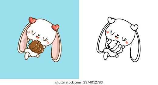 Kawaii Vector Xmas Bunny Multicolored and Black and White. Beautiful Clip Art Christmas Rabbit. Cartoon Vector Illustration of a Kawaii Hare for New Year Stickers. 