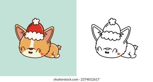 Kawaii Vector Xmas Corgi Dog Multicolored and Black and White. Beautiful Clip Art Christmas Doggy. Cartoon Vector Illustration of a Kawaii Pet for New Year Stickers. 