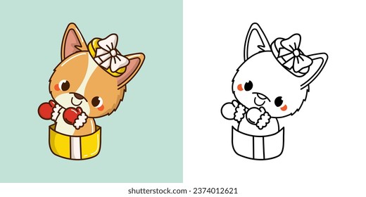 Kawaii Vector Xmas Corgi Dog Multicolored and Black and White. Beautiful Clip Art Christmas Doggy. Cartoon Vector Illustration of a Kawaii Pet for New Year Stickers. 
