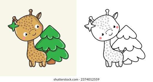 Kawaii Vector Xmas Giraffe Multicolored and Black and White. Beautiful Clip Art Christmas Zoo Animal. Cartoon Vector Illustration of a Kawaii Animal for New Year Stickers. 